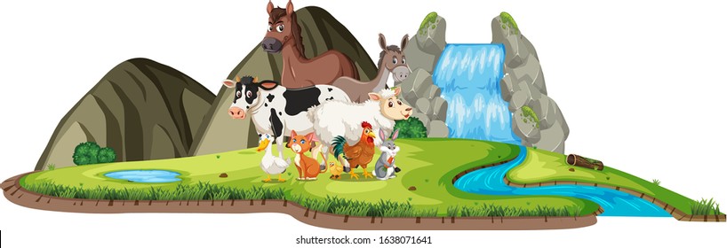 Scene with many wild animals by the waterfall on white background illustration