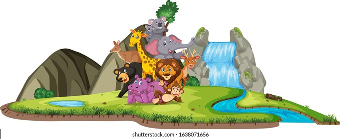 Scene with many wild animals by the waterfall on white background illustration