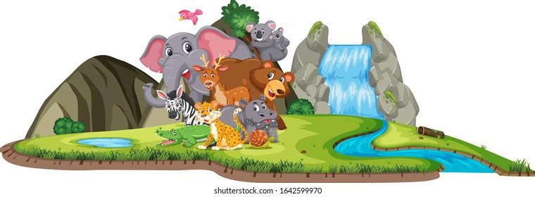 Scene with many wild animals by the waterfall on white background illustration