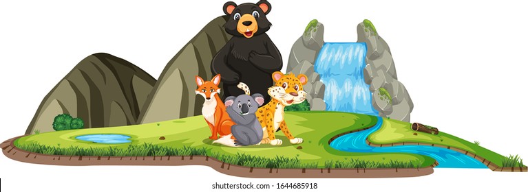 Scene with many wild animals by the waterfall on white background illustration