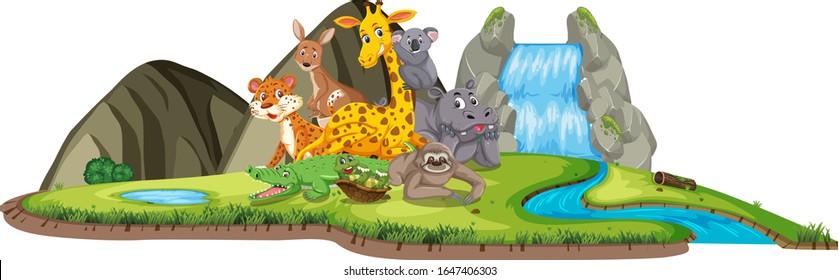 Scene with many wild animals by the waterfall illustration