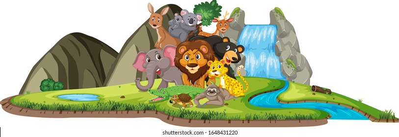 Scene with many wild animals by the waterfall on white background illustration