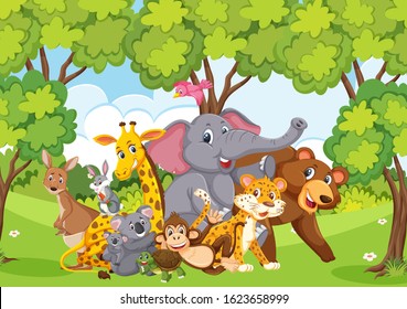 Scene with many wild animals in the forest illustration