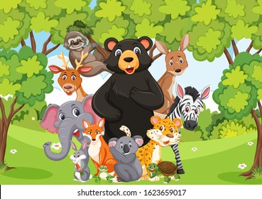 Scene with many wild animals in the forest illustration
