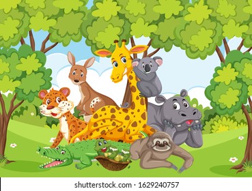 Scene with many wild animals in the forest illustration