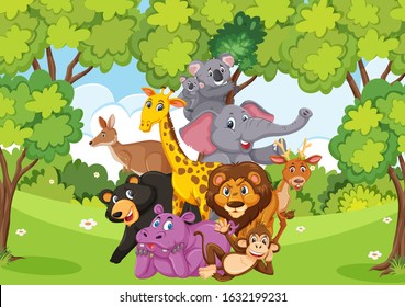 Scene with many wild animals in the forest illustration