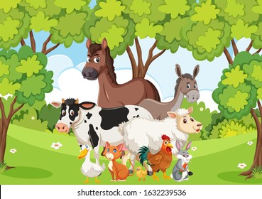 Scene with many wild animals in the forest illustration