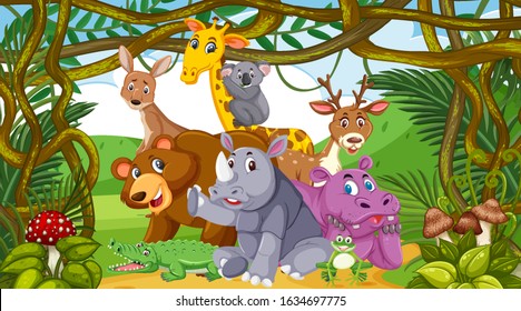 Scene with many wild animals in the forest illustration