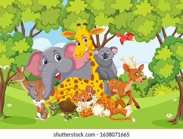 Scene with many wild animals in the forest illustration