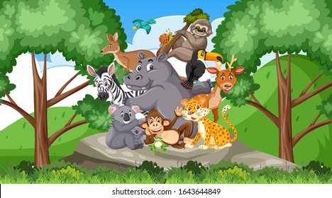 Scene with many wild animals in the forest illustration