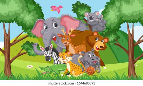 Scene with many wild animals in the forest illustration