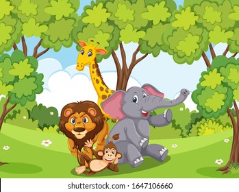 Scene with many wild animals in the forest illustration