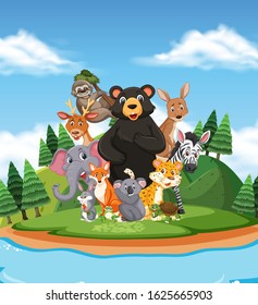 Scene with many wild animals in the park illustration