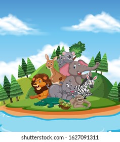 Scene with many wild animals in the park illustration