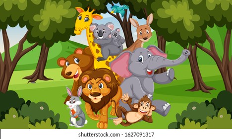 Scene with many wild animals in the park illustration