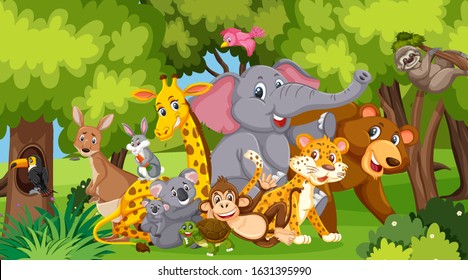 Scene with many wild animals in the park illustration