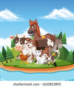 Scene with many wild animals in the park illustration
