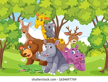 Scene with many wild animals in the park illustration