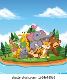 Scene with many wild animals in the park illustration
