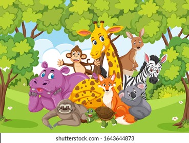 Scene with many wild animals in the park illustration