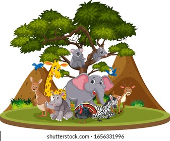 Scene with many wild animals in the park illustration