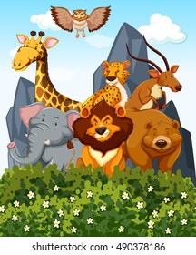 Scene with many wild animals in the park illustration