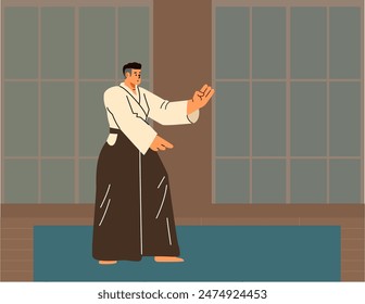 La escena en el dojo de artes marciales. Ilustración vectorial de un artista marcial en un kimono realizando técnicas marciales y defensivas de combate cuerpo a cuerpo