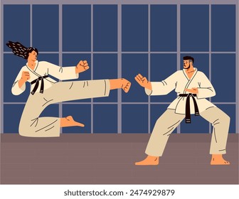 The scene in the martial arts dojo. Vector illustration of a karate girl and a guy in a kimono performing combat and defensive hand-to-hand combat techniques