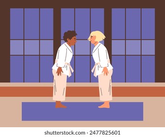 La escena en el dojo de artes marciales. Ilustración vectorial de una chica de karate y un chico en un kimono con un cinturón realizando un arco de saludo antes de una pelea