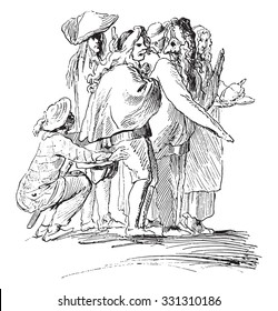 Escena de los estudiantes de la mascarada de Roma en 1730, por Bouchardon, ilustración vintage grabada. Magasin Pittoresque (1882).