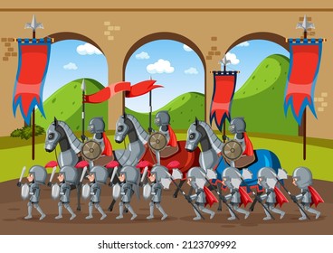 Scene with medieval knights with horses marching illustration