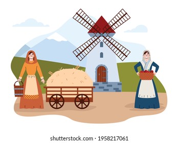 Scene of medieval village life with cartoon characters of peasant women, flat vector illustration on white background. Medieval farm workers at backdrop with windmill.