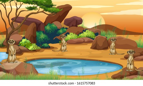 Scene with meerkats in the field illustration