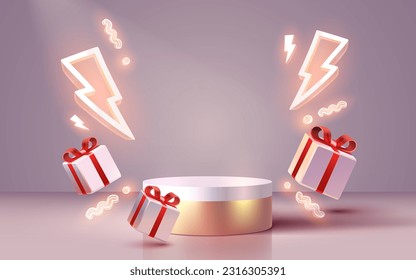 Scene mega sale, the gift and lightning symbol, super offer podium banner, gift pedestal. Vector illustration