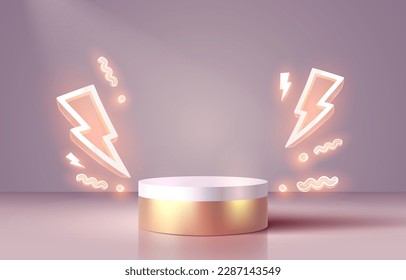 Scene mega sale, the lightning symbol, super offer podium banner, golden pedestal. Vector illustration