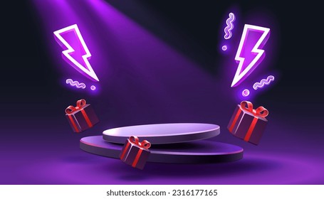 Scene mega sale, the lightning symbol, super offer podium banner, gift pedestal. Vector illustration