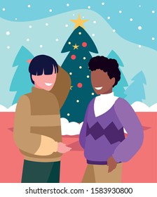 scene of men with christmas tree vector illustration design