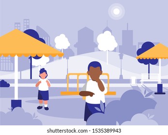 scene of men in park in the city vector illustration design