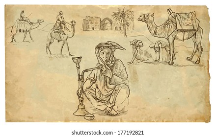 The scene of Middle-East culture: Smoking hookah. Vector hand drawn illustration (drawings on vintage paper in the bottom layer).