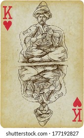 The scene of Middle-East culture: Sultan drinking coffee. Vector hand drawn illustration (drawings on old card in the bottom layer).