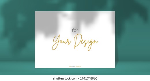 Scene Mockup. A4 Paper Sheet With Transparent Overlay Shadow From Leaves, Branches, Plant Or Foliage. Abstract Realistic Green Scene, 3D Stage Studio With Bussines Card Or Banners. Vector Illustration