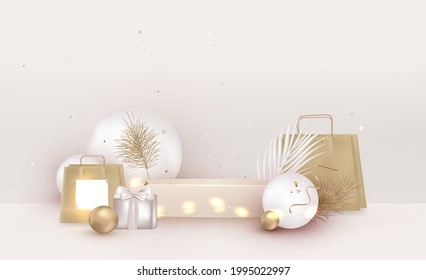  Scene mockup. Beige podium with gift,package, white balloons. Anniversary. Happy birthday greeting card, template for sales, promotion, invitation.Vector.