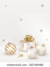 Scene Mockup with Christmas holidays decoration on a white  room.New Year 2021 vertical composition. Realistic vector.