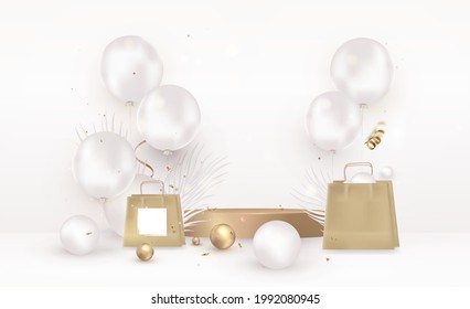 Scene Mockup, composition with podium, balloons, gift package on a white room. Vector.