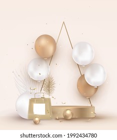  Scene mockup. Golden podium with gift, package, balloons. Anniversary. Happy birthday greeting card, template for sales, promotion, invitation.Vector.