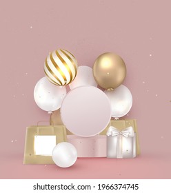 Scene mockup, pink background for product presentation.Winner pedestal in studio,helium balloons, decoration.Template for advertising, promotional sales, cosmetics ads.Vector.