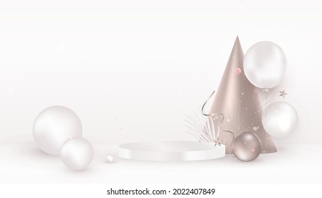 Scene mockup. podium with 3d spheres, balloons. Anniversary. Happy birthday greeting card, template for sales, promotion, invitation.Vector.