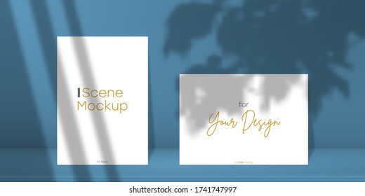 Scene Mockup. Two A4 Paper Sheet With Transparent Overlay Shadow From Window And Jalousie, Leaves And Foliage. Abstract Realistic Blue Scene, 3D Stage Studio With Bussines Card Or Banners. Vector