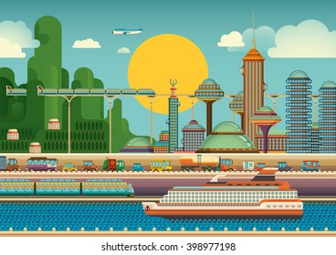 Escena de una ciudad moderna. Ilustración vectorial.