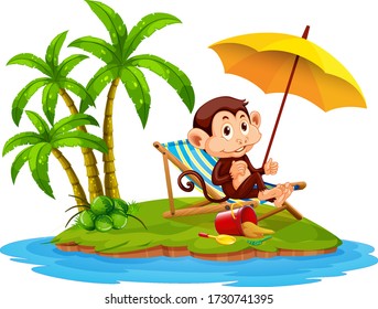 Scene with monkey sitting on the island on white background illustration